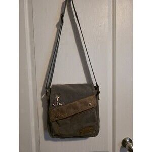 AUGUR Gray Brown Messenger Bag with Leather Trim, Pins & Flap